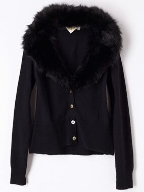 Anthropologie HWR Vedette Black Faux Fur Trim Cardigan Sweater Cotton Cashmere